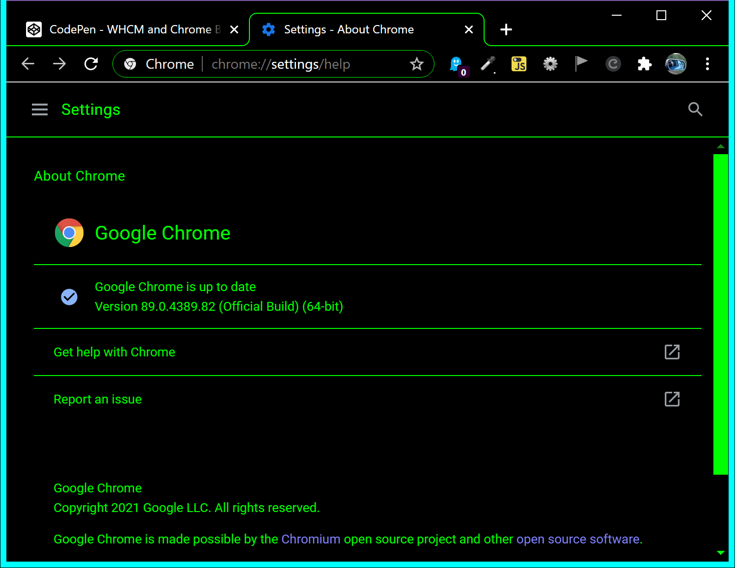 The version screen in Chrome showing it is version 89 and is also honoring system colors.