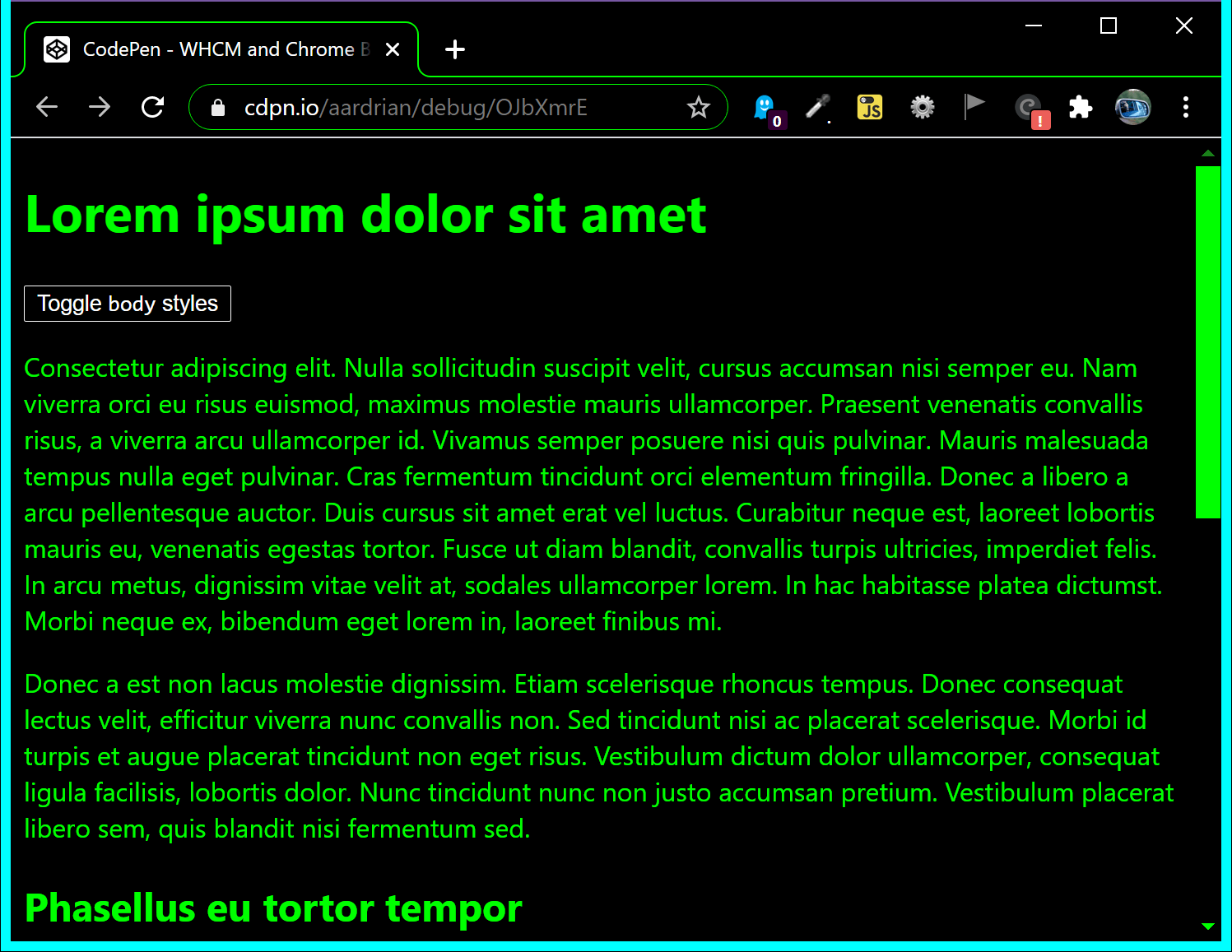 The test page in Chrome 89 showing it supports the system color scheme.