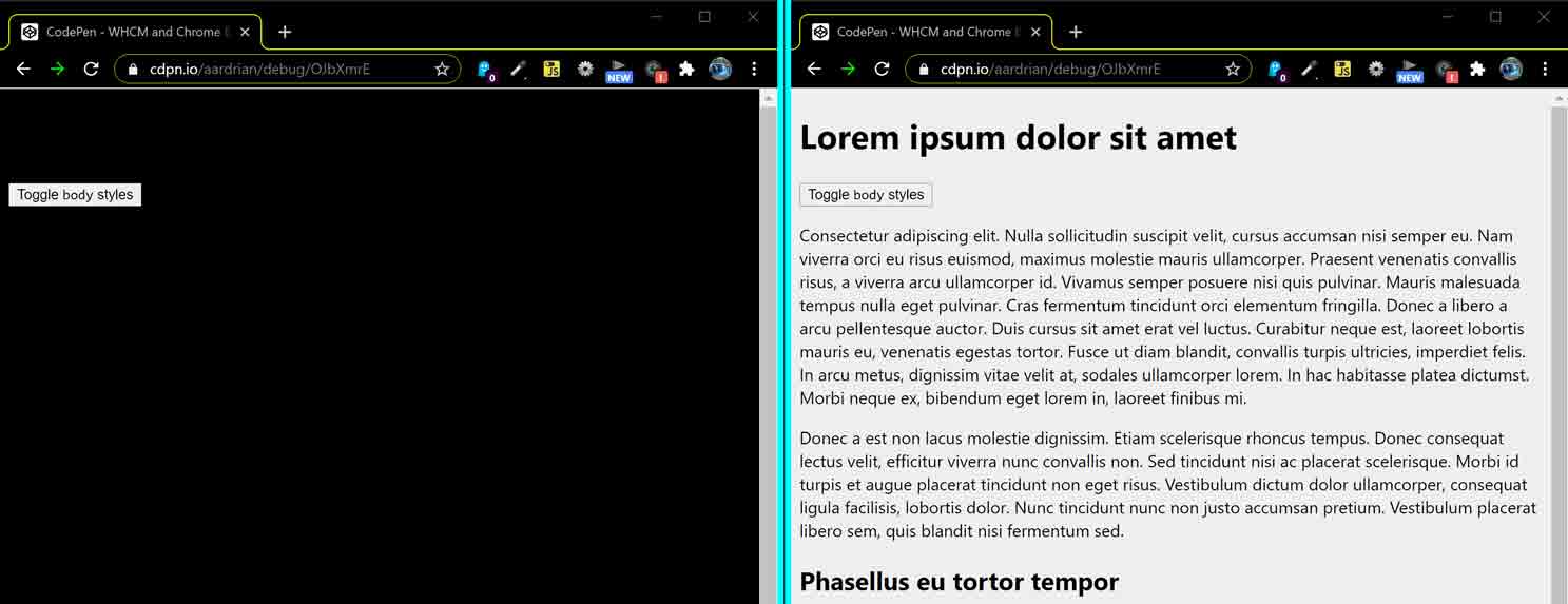 Before and after in Chrome showing black on black text then black on white text.
