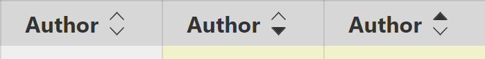 The Author column header with hollow arrows, then a filled downward arrow, and then a filled upward arrow.