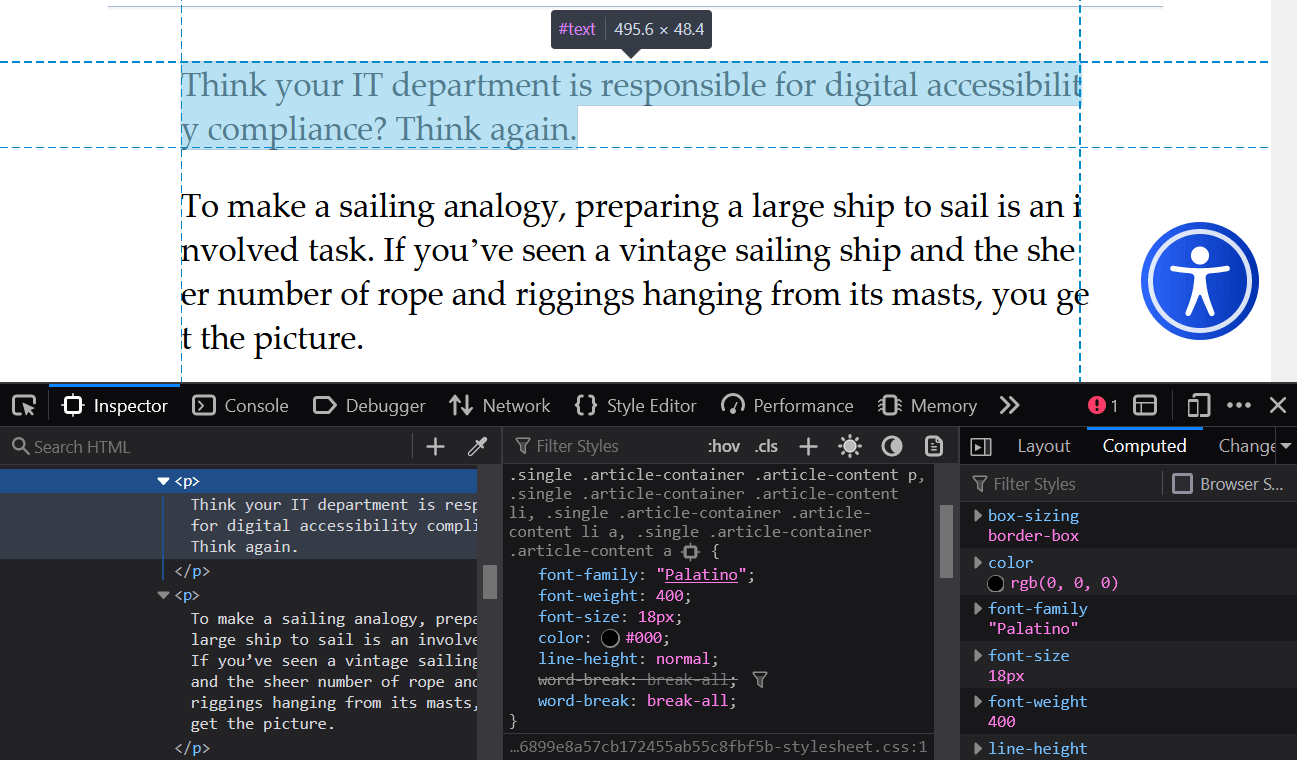 Firefox dev tools highlighting a paragraph where words break at the end of the line in weird places; “accessibility” breaks at “accessibilit”, “involved” breaks at “i”, “sheer” breaks at “she”, and “get” wraps at “ge”.