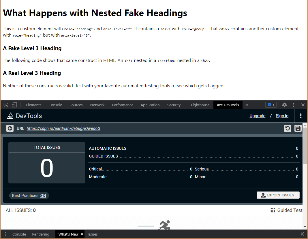 Axe shows me there are no issues, not even warnings, and gives me a congratulations message.