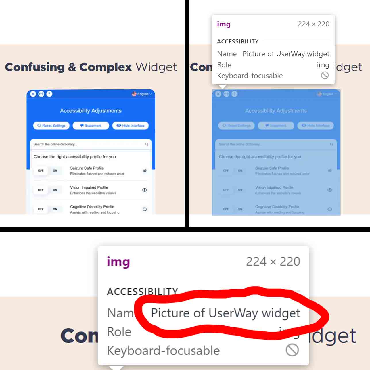 UserWay image criticizing the accessiBe widget with alt text naming it as the UserWay widget.