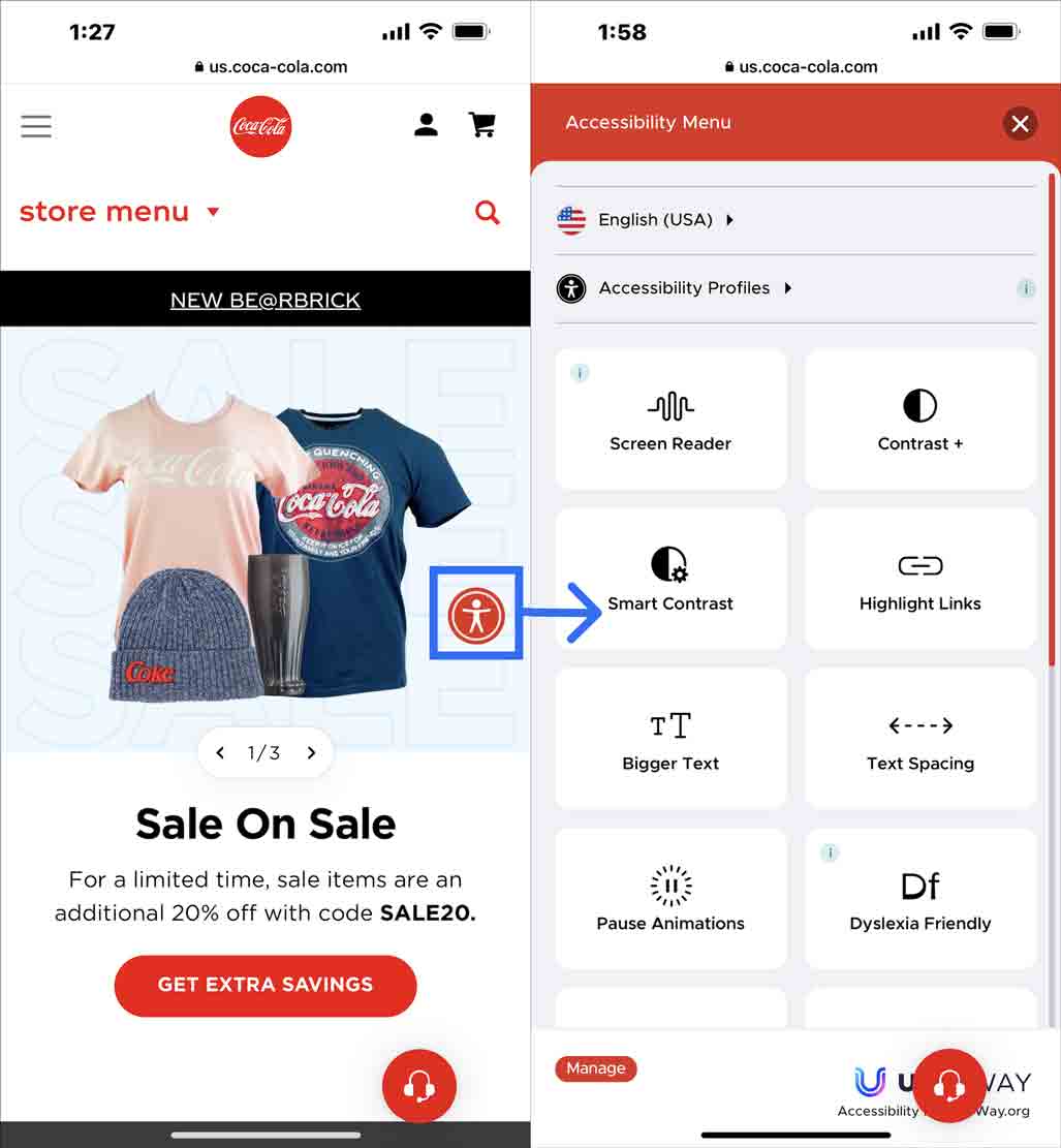 The Coca-Cola home page in a mobile browser alongside the same page with the UserWay overlay expanded and showing its options.