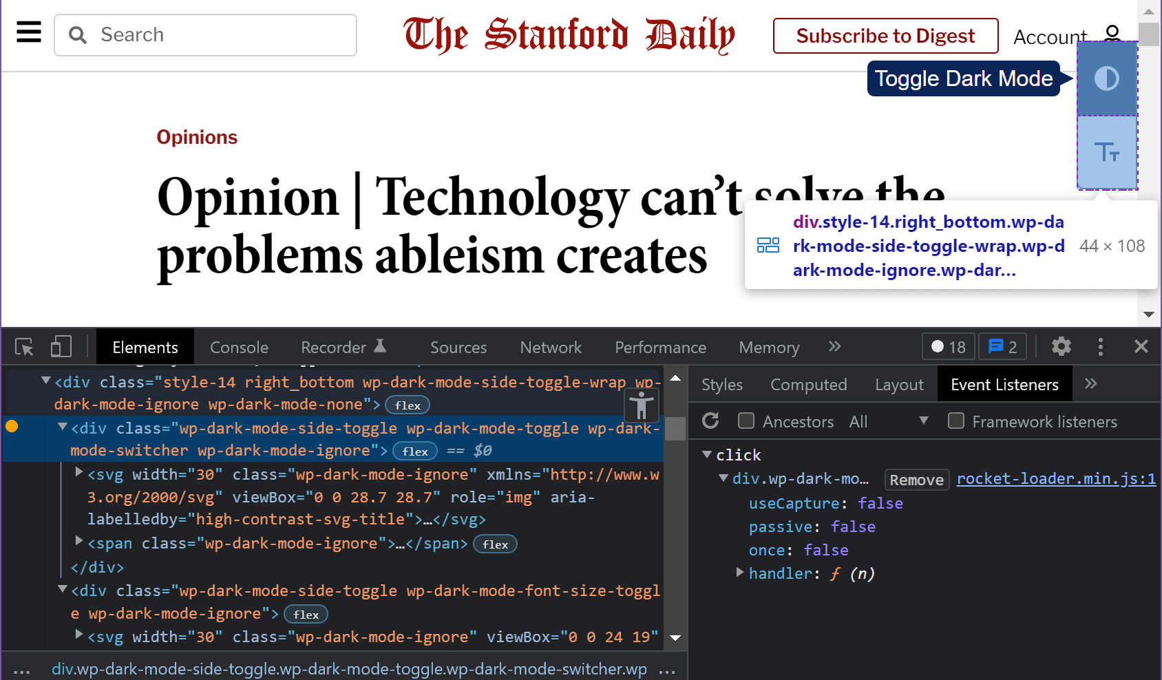 Stanford Daily article with a box floating on the right edge of the page showing a half-filled circle and a the letter T in two sizes. The browser dev tools show it is not an interactive control and uses a click handler on the container.