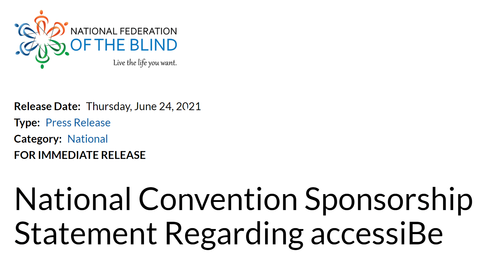 National Federation of the Blind, press release dated June 24, 2021: National Convention Sponsorship Statement Regarding accessiBe
