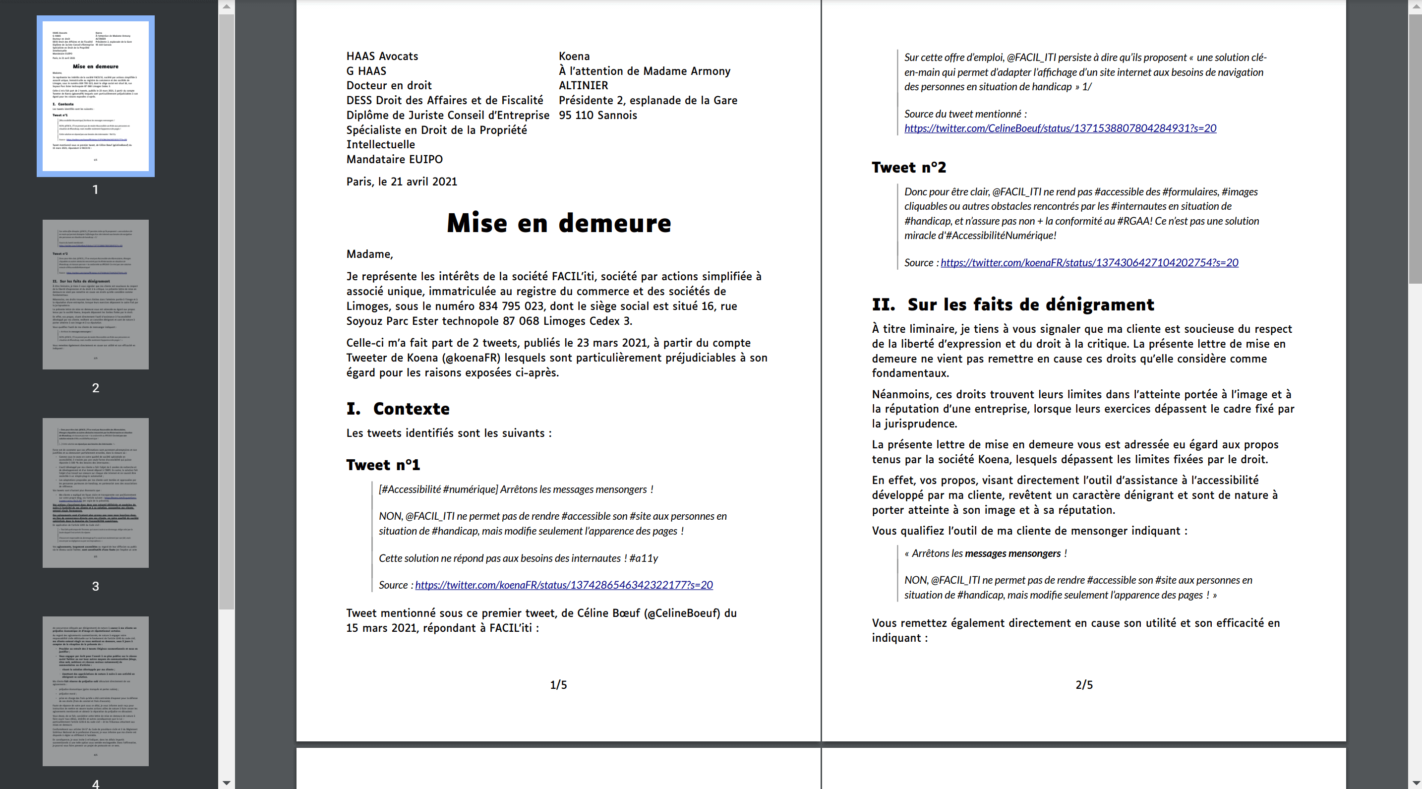 A view of the first two pages of the Mise en demeure from FACIL'iti to Koena demanding critical tweets be removed.