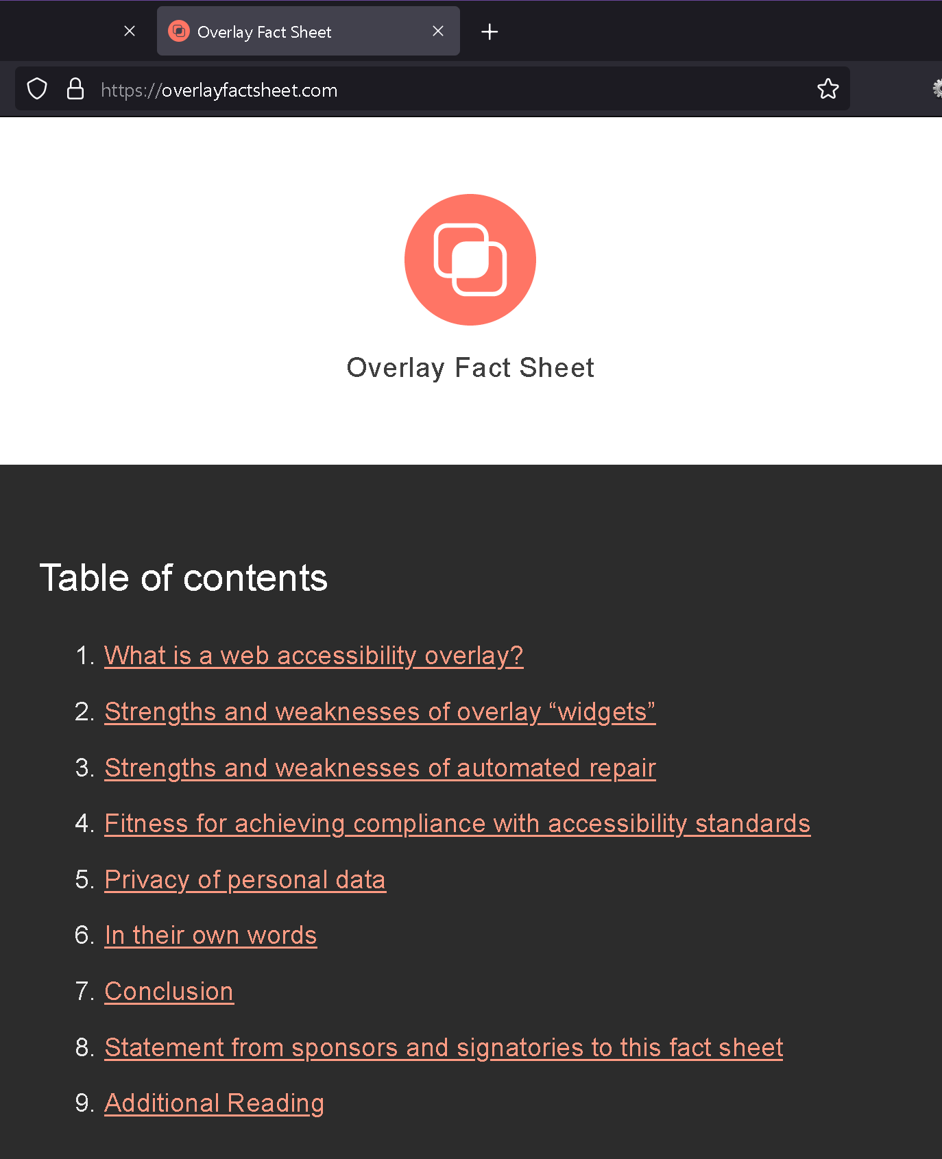 The Overlay Fact Sheet site showing the table of contents.