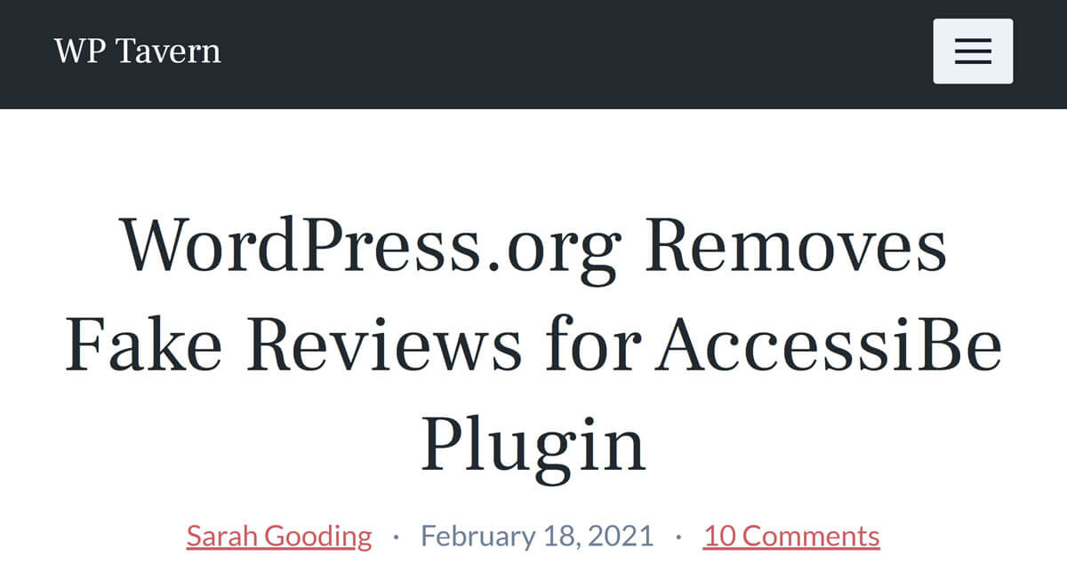 Headline on WP Tavern: WordPress.org Removes Fake Reviews for AccessiBe Plugin
