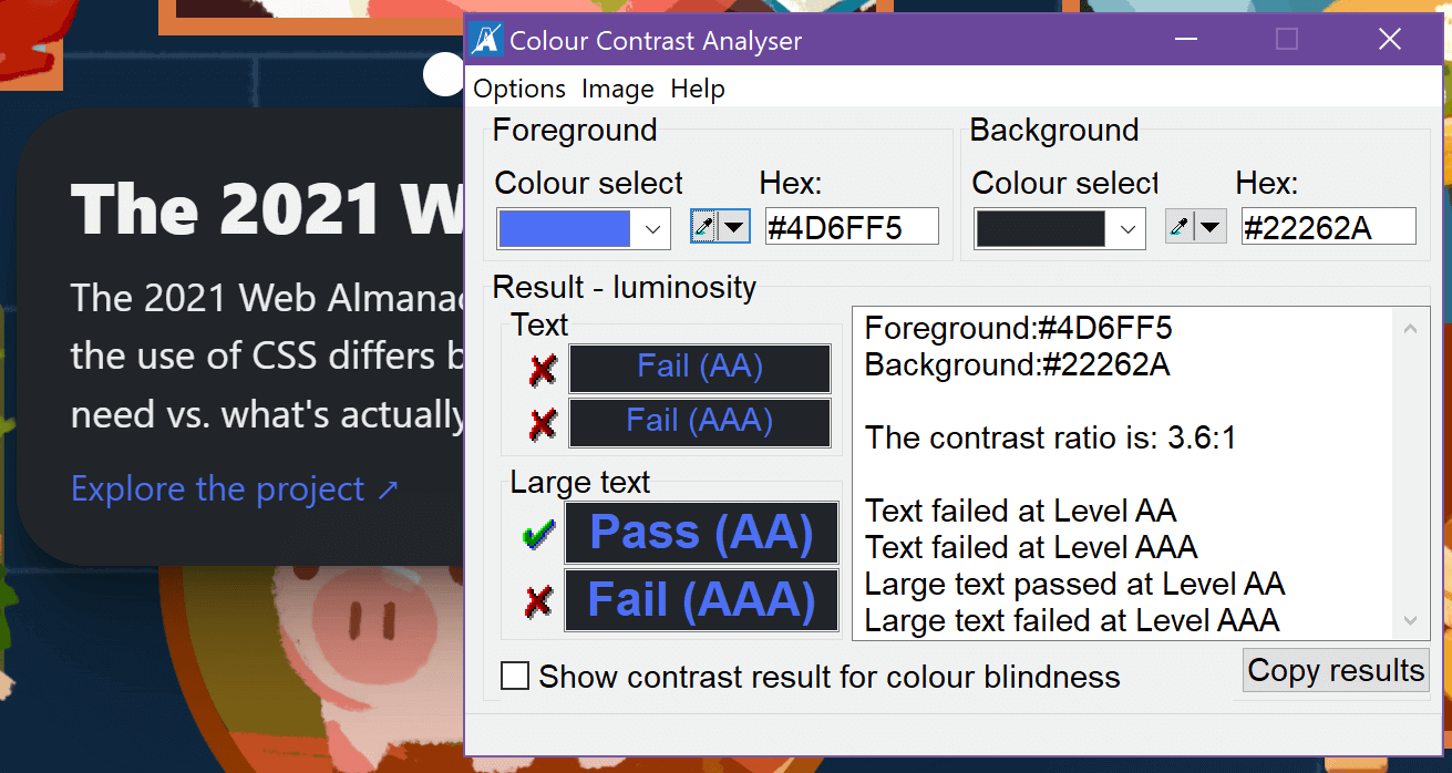 Colour Contrast Analyser showing the failing contrast ratio for the link text and and its background.