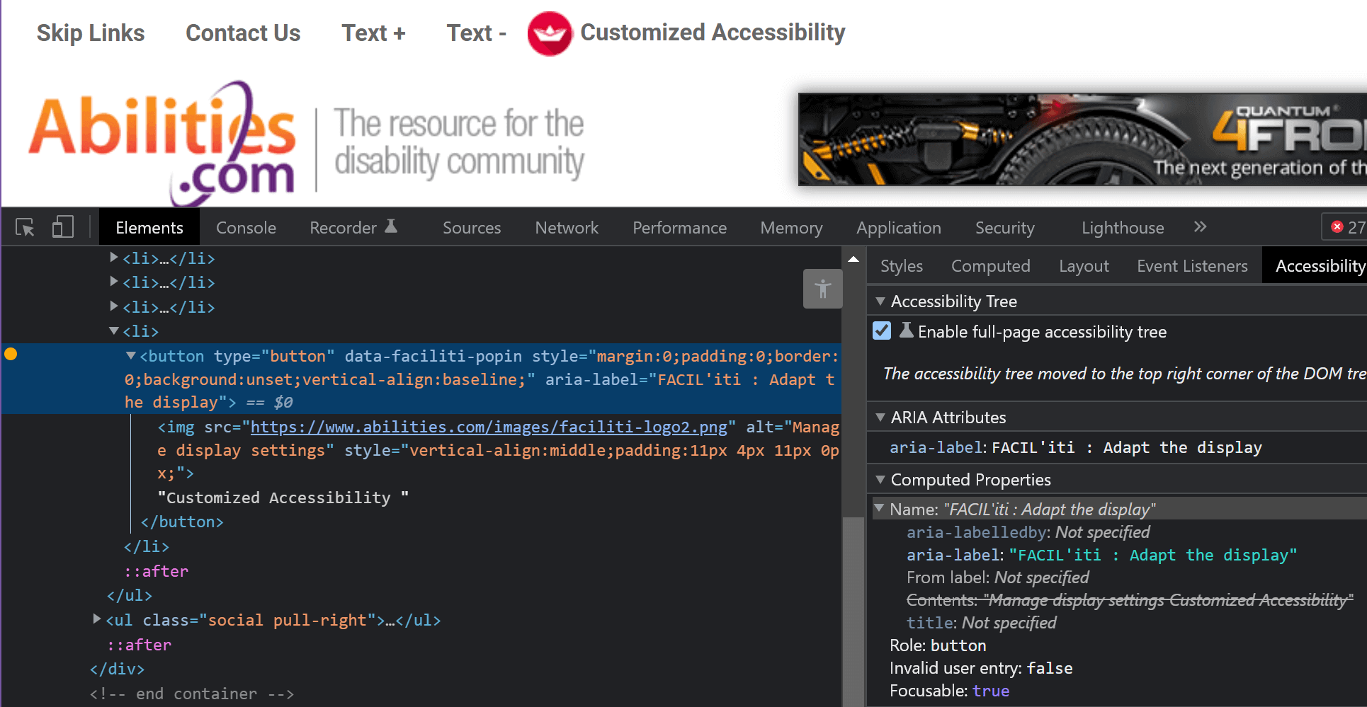 Browser dev tools showing the multiple possible accessible names for the FACIL'iti button and absent focus styles.
