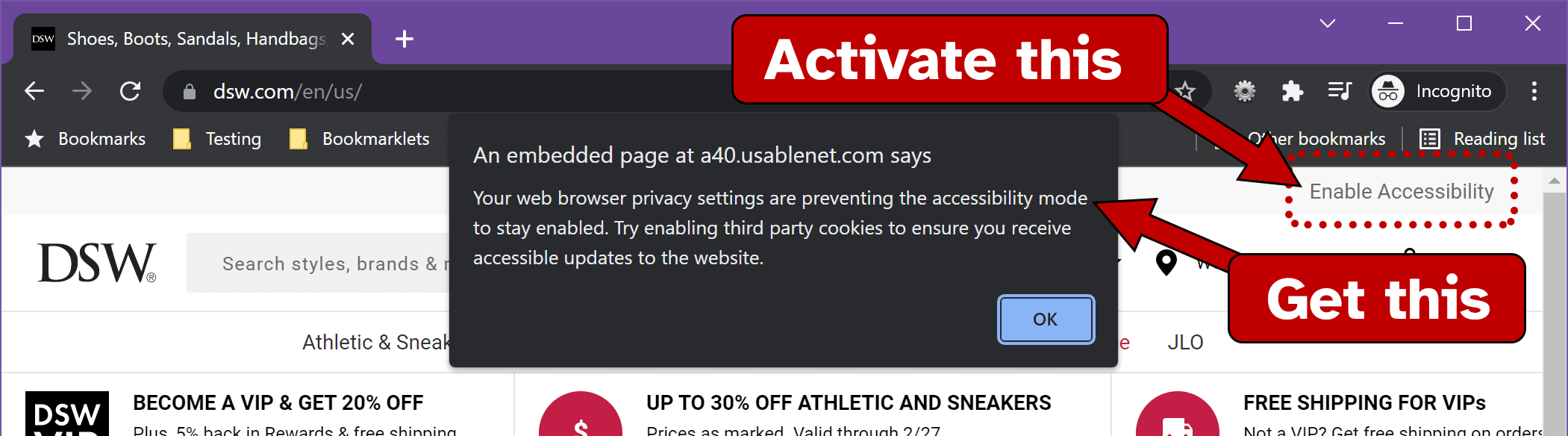Browser alert: An embedded page at a40.usablenet.com says: Your web browser privacy settings are preventing the accessibility mode to stay enabled. Try enabling third party cookies to ensure you receive accessible updates to the website.