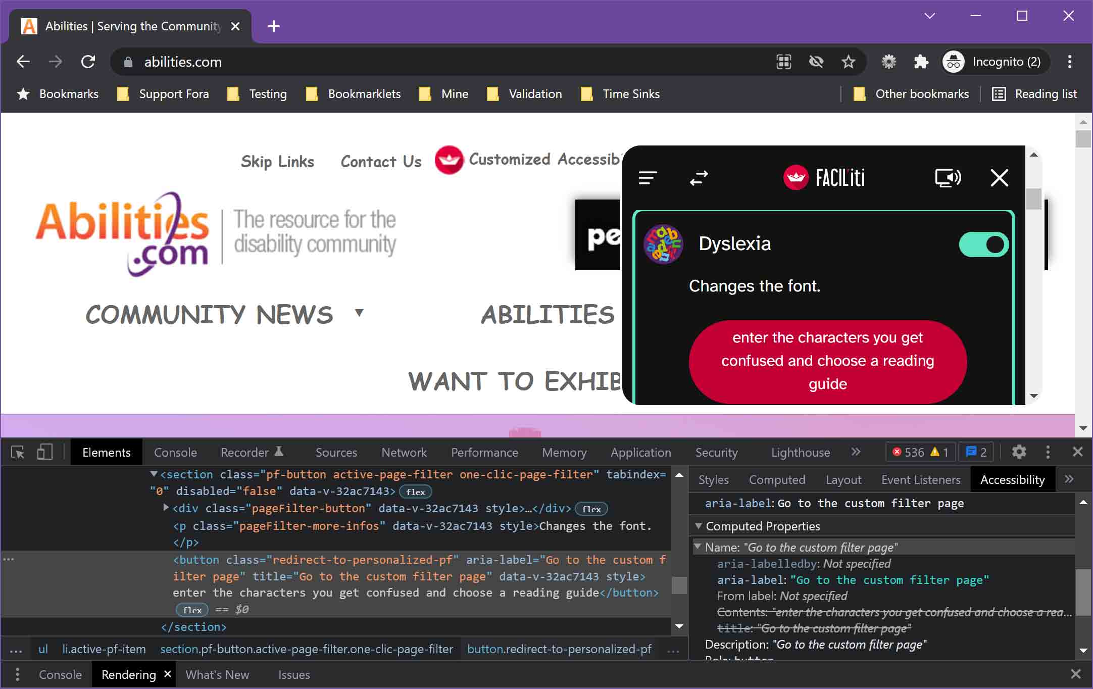 Dev tools showing the dyslexia configuration button visible text versus accessible name.