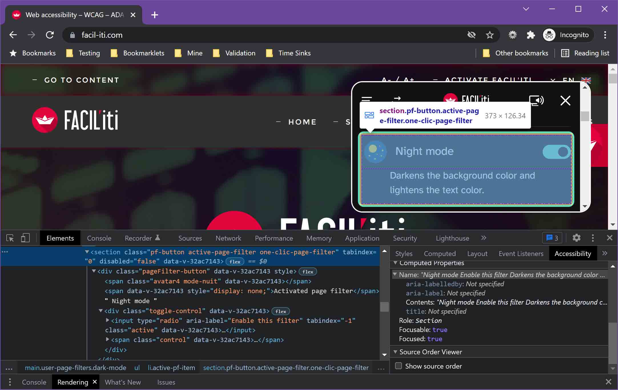 Actived night mode filter as seen in the dev tools.