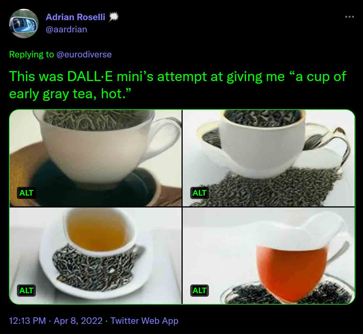 A tweet with four images, each showing an ‘ALT’ badge. Each looks exactly the same as bright green text on black.
