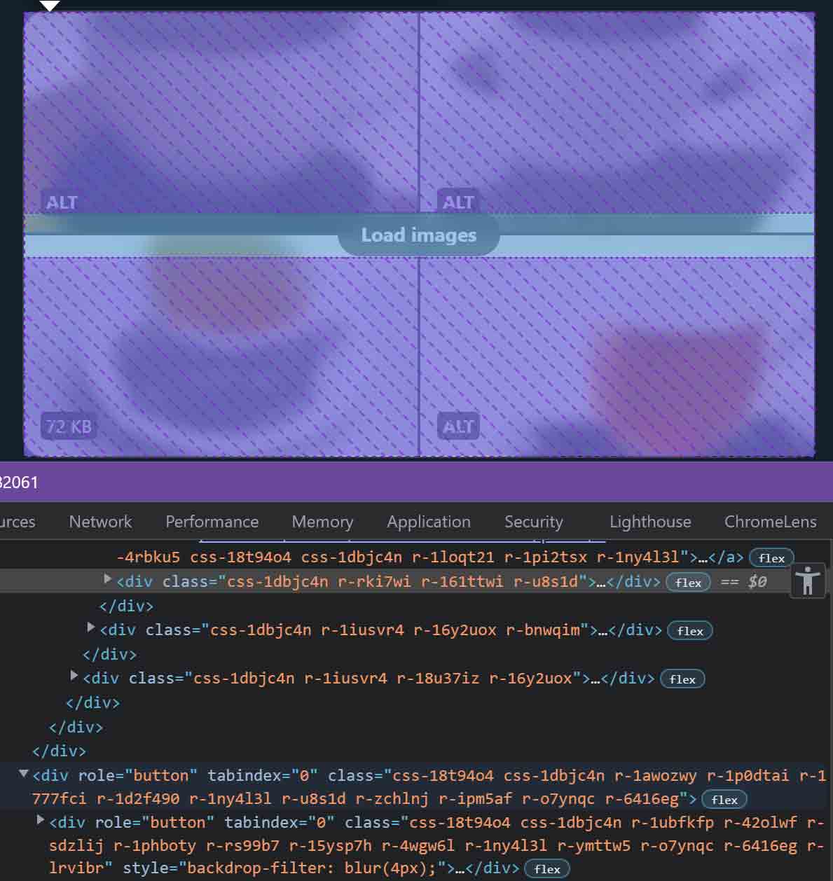 Dev tools showing the load images button sits atop all other controls both in the DOM and in the layout of the page.