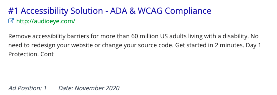 #1 Accessibility Solution - ADA & WCAG Compliance. Remove accessibility barriers for more than 60 million US adults living with a disability. No need to redesign your website or change your source code. Get started in 2 minutes. Day 1 Protection. Ad position: 1. Date: November 2020.