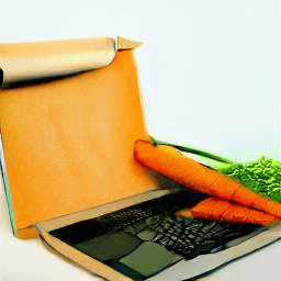Sebuah keyboard melengkung dengan sepasang wortel, sayuran masih menempel, bertumpu di atasnya, dan bukannya layar komputer adalah gulungan papirus kosong yang belum dibuka.