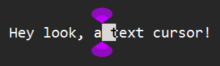 A text cursor in a string of text; it has a purple bell on the top and bottom and is the width of a letter, with an inverted letter showing through the bar.