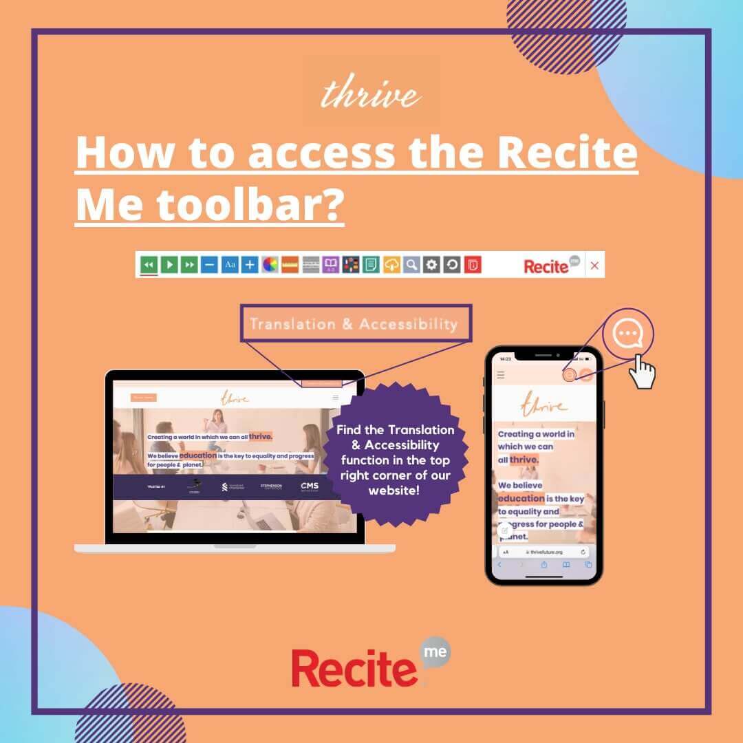 Thrive logo. How to access the Recite Me toolbar? Screen shots of the toolbar, a desktop page and moble page each calling out the button with a purple badge of text reading, “Find the Translation & Accessibility function in the top right corner of our website!” ReciteMe logo.