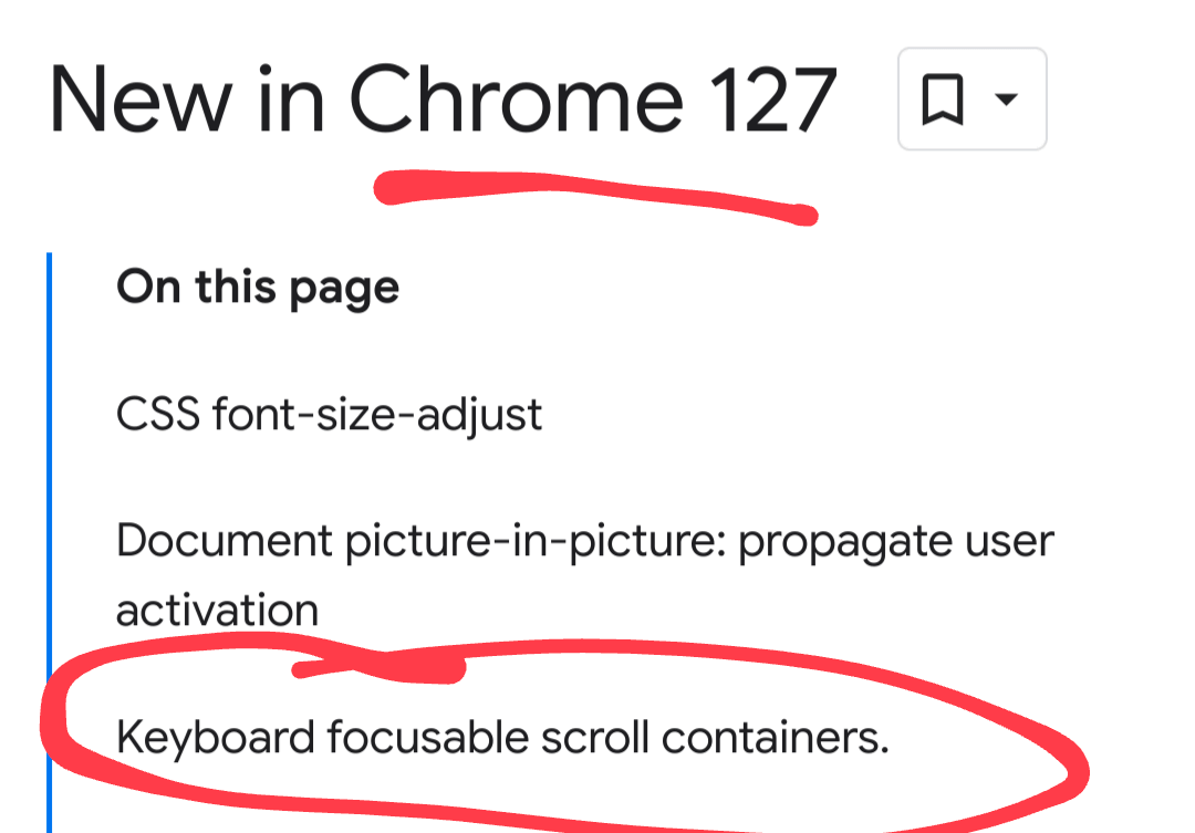 Post title: “New in Chrome 127.” Index of topics in post shows “Keyboard focusable scroll containers.”