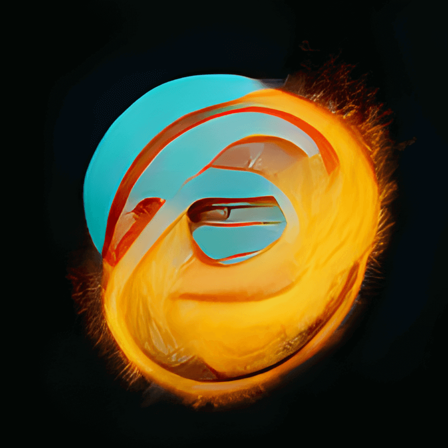 A warped light blue circle representing an E with deep molten gashes and fire spilling out and engulfing the bottom and right quadrants; the gap where the bowl of the E sits has a vague appearance of an eye.