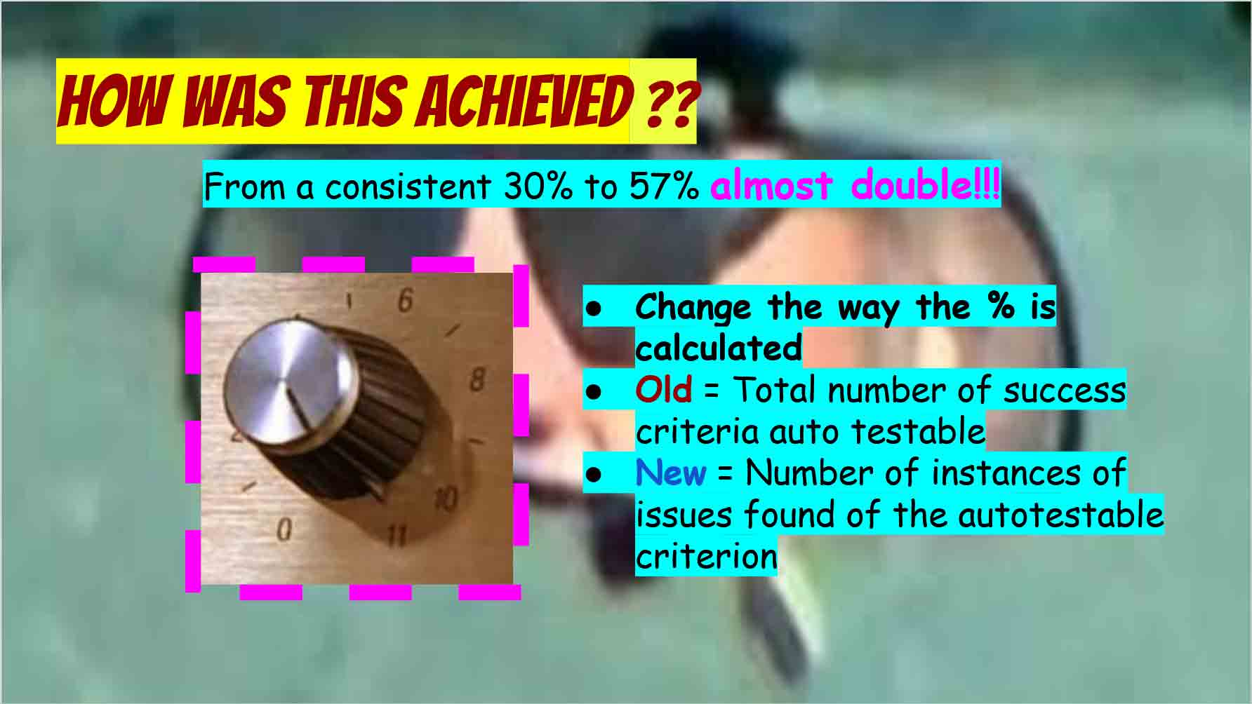 A slide titled “How is this achieved?” with a volume dial turned to 11.