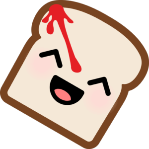 A cartoonish Kawaii slice of toast with happy eyes, open smiling mouth, and reddish cheeks; there is a spatter of blood coming from the top of the toast similar to the Watchmen logo.