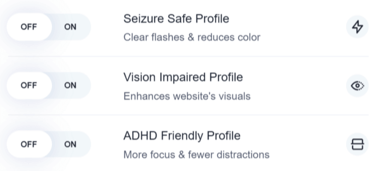 Toggles for each of: Vision-impaired profile, ADHD friendly profile, Cognitive disability profile.
