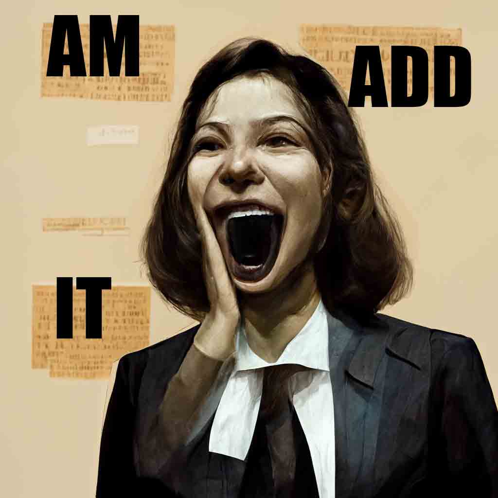 Illustration of woman in a black and white suit with smiling mouth comically wide open and shouting. She is surrounded by the all-caps words AM, ADD, and IT