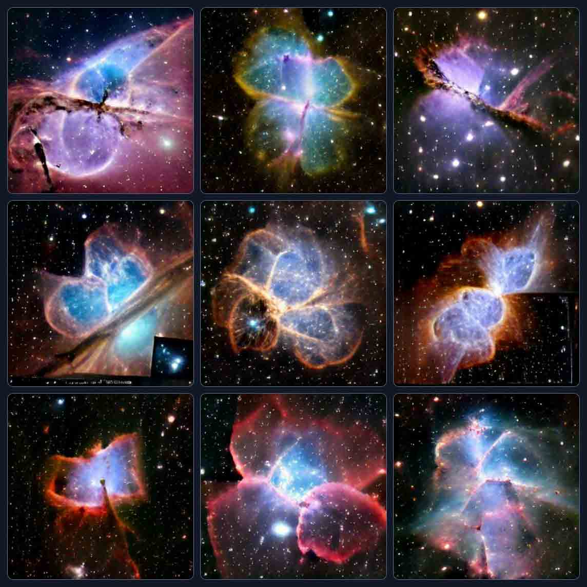 9 images showing variations on multi-lobed planetary nebulae, all seen from a great distance to capture entire nebula. They have some sloppy symmetry on one or two axes and generally follow a red, amber, and blue color palette, with some yellow highlights. Occluding dust clouds are absent from most. All are against rich star fields.