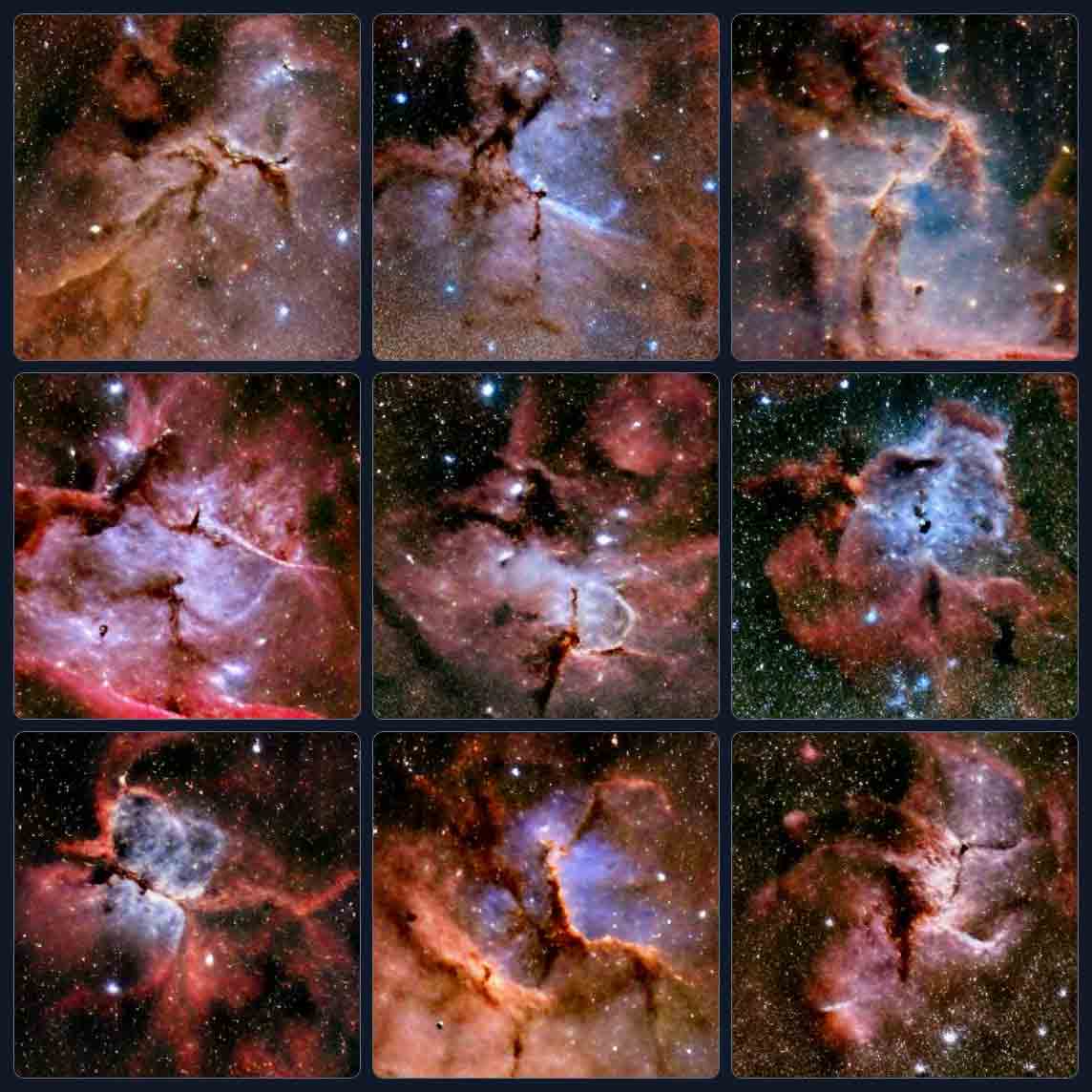 9 images showing variations on supernova remnant nebulae, all seen from a great distance to capture entire nebula. They have chaotic whorls of gas and dust, generally following a red and amber color palette, with sections in blue. All are against rich star fields.