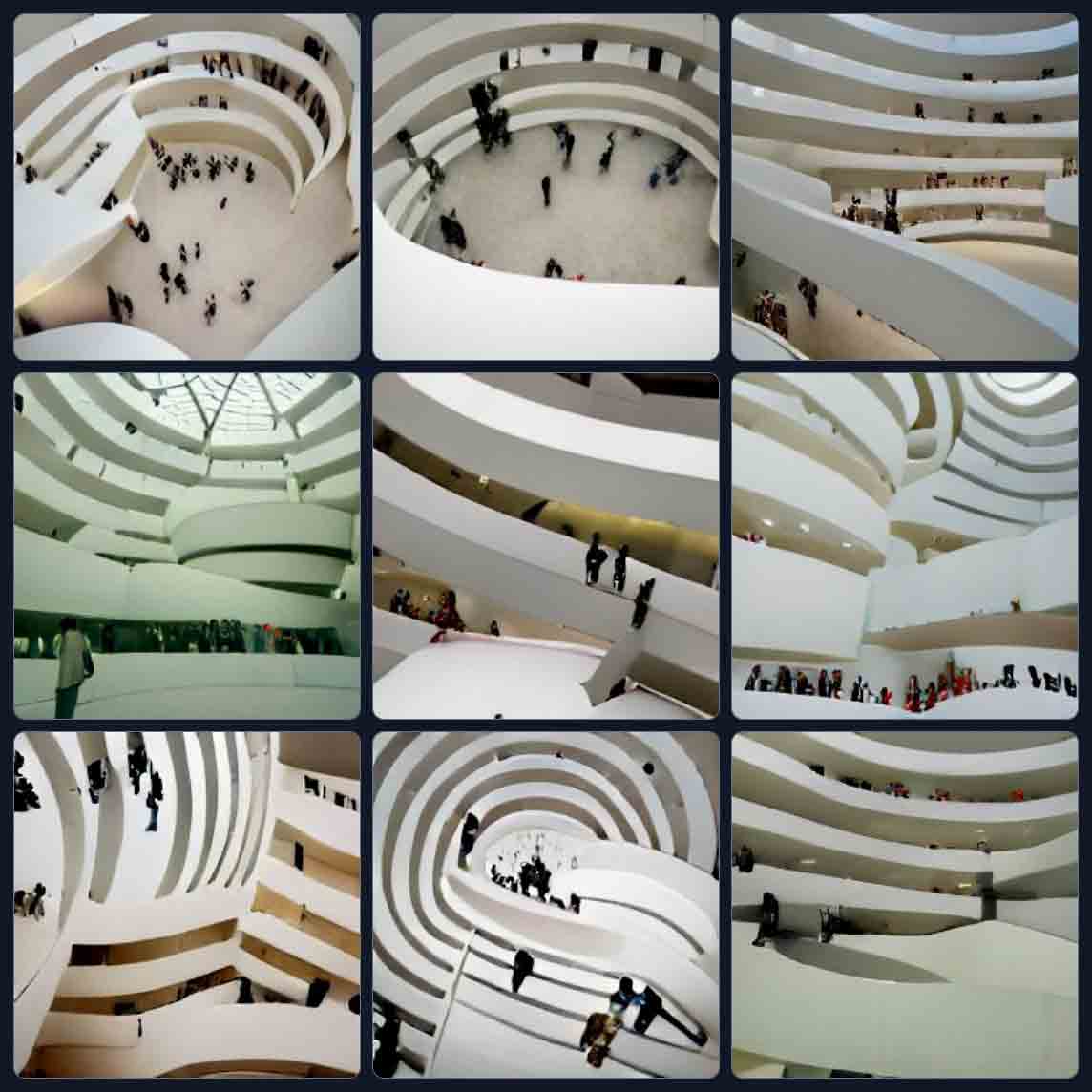 9 views of the broad circular white concrete levels of the Guggenheim as seen from either the top of bottom of the multi-story atrium. Some of the levels break out as bridges to other levels, another is made of the stacked circles of the exterior of the building, another breaks gravity by coming into itself at a 90 degree angle, and yet another spirals into itself like a giant Q.