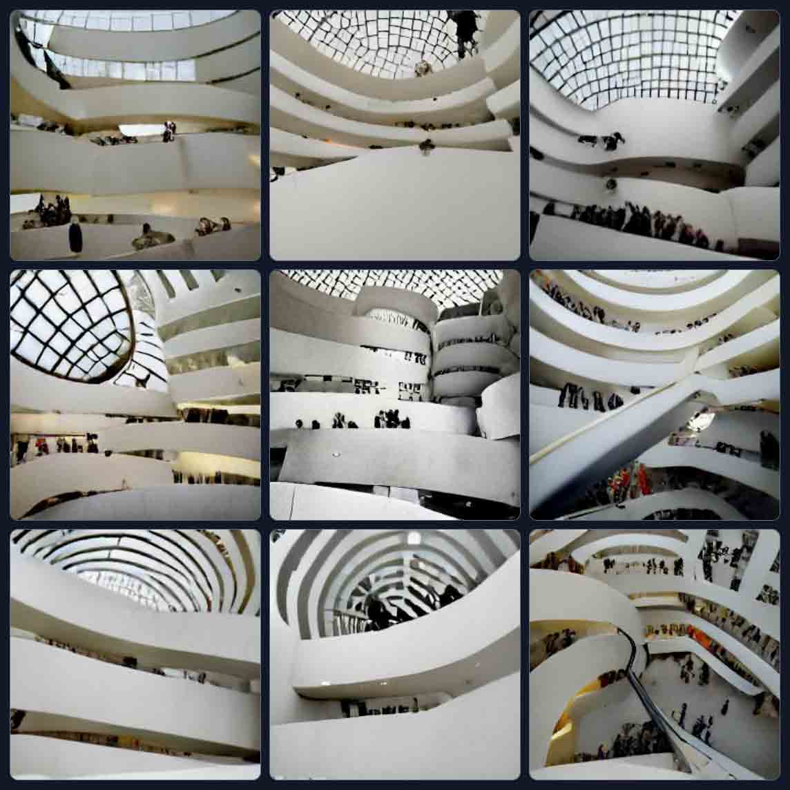 9 distorted photo-realistic views showing the sweeping curved white concrete levels of the Guggenheim from the multi-story atrium, most of them showing the multi-paned skylight, and a couple showing a seemingly descending spiral of levels. One has what may be an escalator coming from the middle level, and another shows the levels turning back in on each other almost to form a knot.