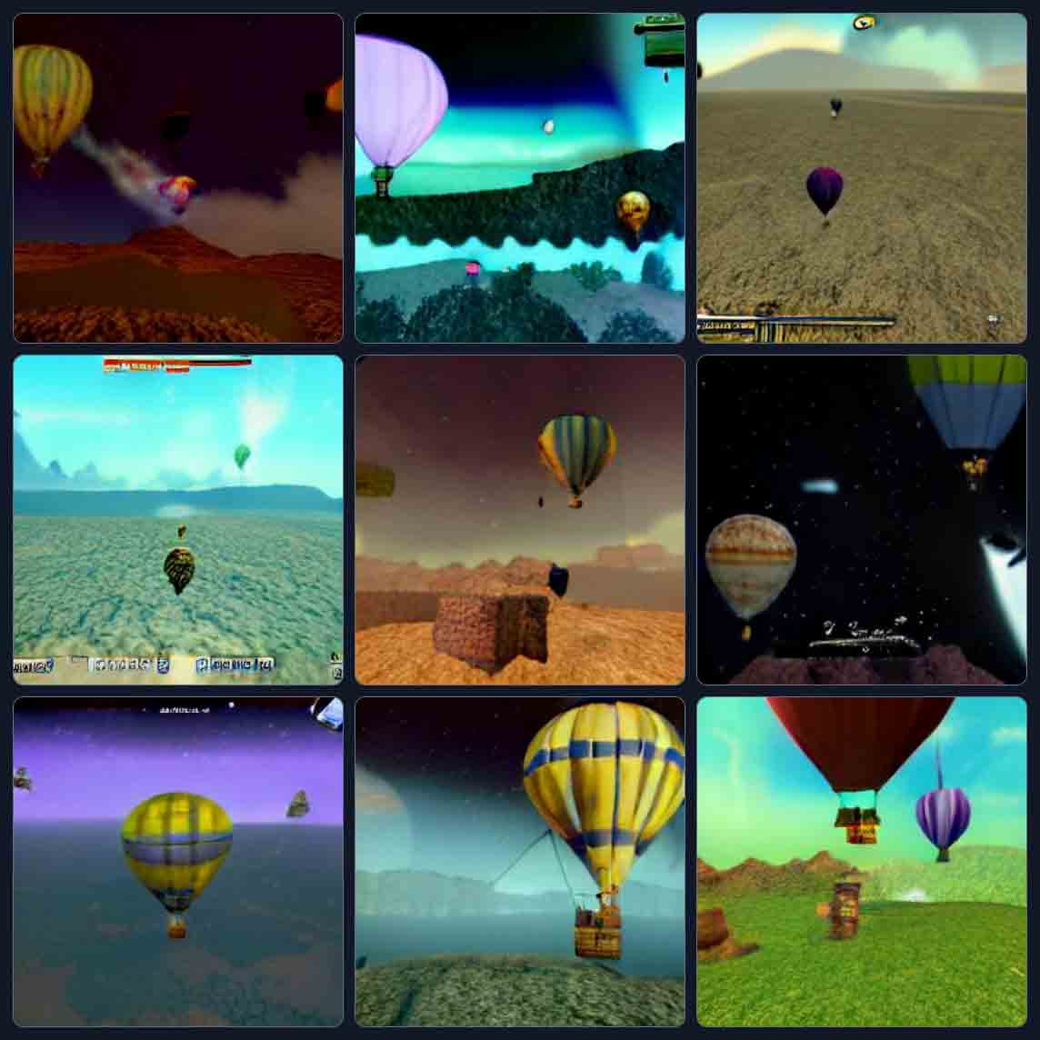 9 images showing vastly different view of hot air balloons. Each is seen as if through a wide angle lens common to video games. The skies and ground are almost all clearly Earth, in a graphics style that feels like a video game. One set of balloons is in space, another apparently in a blocky desert Minecraft world. Most of the images have vestiges of status bars and radar maps at the edges. None of them has any text.