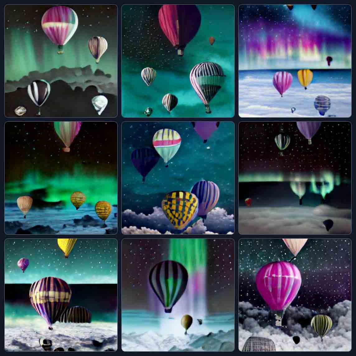 9 images, each depicting hot air balloons floating above clouds. The color palette generally matches what I identified, with teals, purples, and blacks prominent. Auroras are visible in most, but some of the skies are white clouds and feel like Earth. None of them has any text.