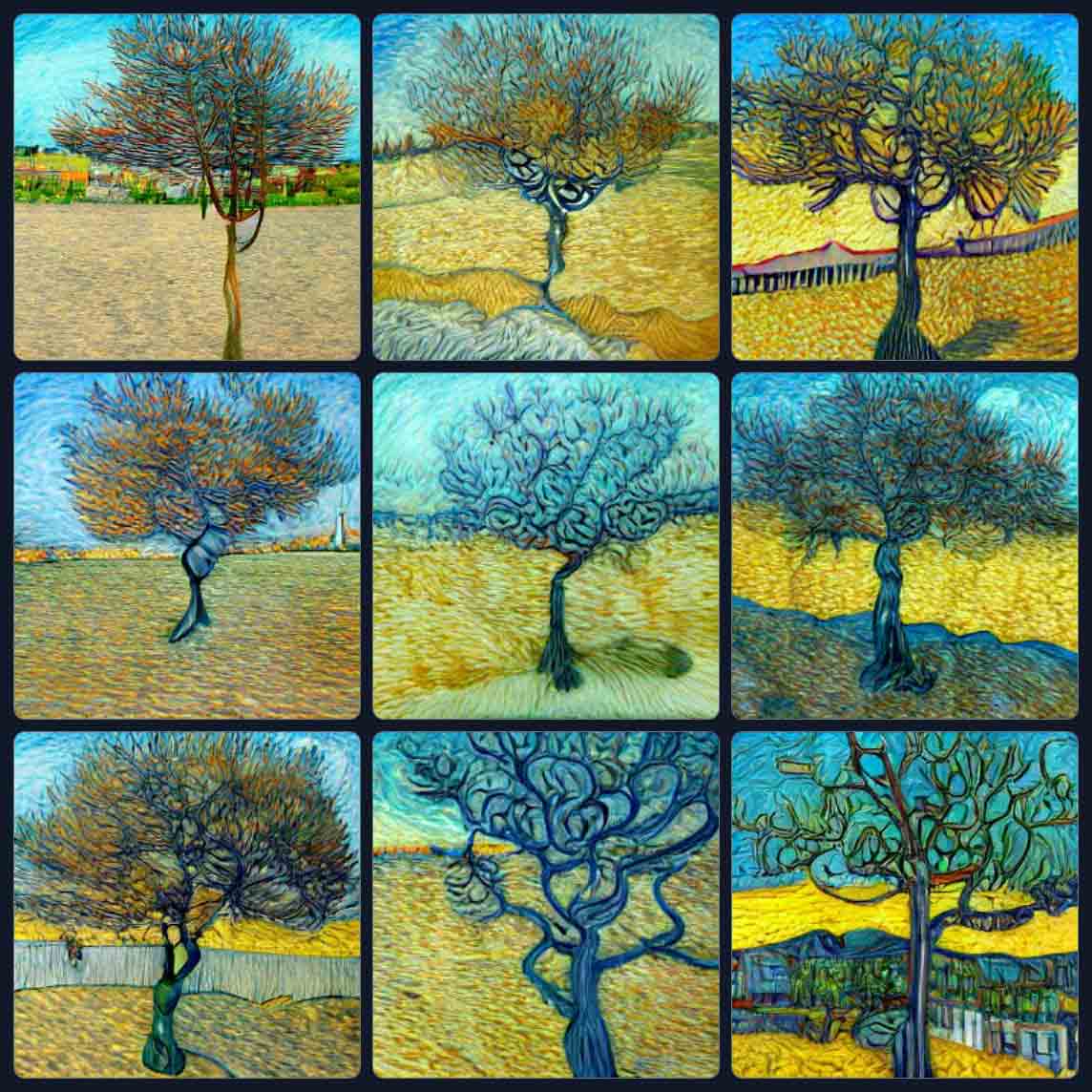 9 paintings of a tree, mostly devoid of leaves, all with characteristic strong and abbreviated brush strokes. Each tree is alone in a field of mostly wheat color, with some near a fence or with a village in the background.