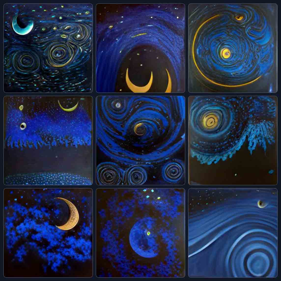 9 images showing mostly vibrant dark blue curves and clouds on black backgrounds, punctuated with yellow highlights with 5 images showing yellow crescent moons.