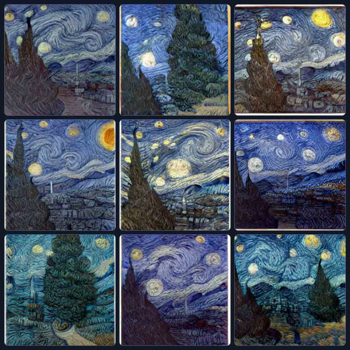 9 images in van Gogh's painterly style of wide, textured brush strokes defining sweeping curls of blue and white painted skies, wide bars of dark colors making up the ground and distant village, and each one showing a prominent tree of curving strokes. Each has large stars and a moon and a tall, narrow steeple in the far background.