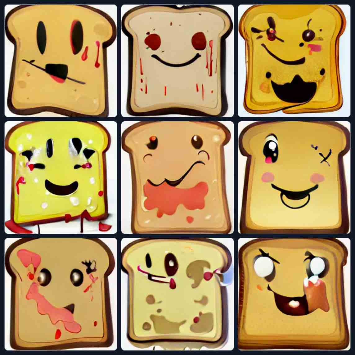 A set of 9 images that look slices of bread, most of them darkened as if toasted, all with chaotic spatters of red, smiling mouths, and horror show eyes of black, white, or in one case, an X where an eye should be.