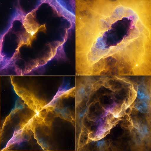 4 images of a single massive roiling cloud of darkness. In one, the cloud is black with dark purple edges and a yellow heart hidden within. In another, the entire sky is exploding in yellow with a compact black cloud in the center, leaking purple and teal fringes. Another appears to be a center of yellow light spewing black smoke in streamers to the four cardinal points. The final shows a cloud billowing out from a central yellow light, purple ripples like lightning, all flowing into a sea of teal and yellow clouds.