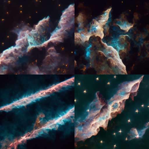 4 images, each showing long fingers of gray dust clouds highlighted with teal, each against dark skies. Two of them show stars that appear to be painted checks. One set of clouds appears like two long arms cutting diagonally across the frame, while another looks almost like a rend in the fabric of space.