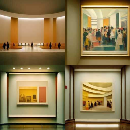 3 images showing a stark lightly colored gallery wall with a massive piece of art; one piece of art is a crowd of people looking at art, another appears to be textured color blocks, and the third is a round gallery space with people at the edges. The fourth image of the set is a wide open room with a high curved ceiling and windows at the floor. People are milling about, but there is no art on the walls.