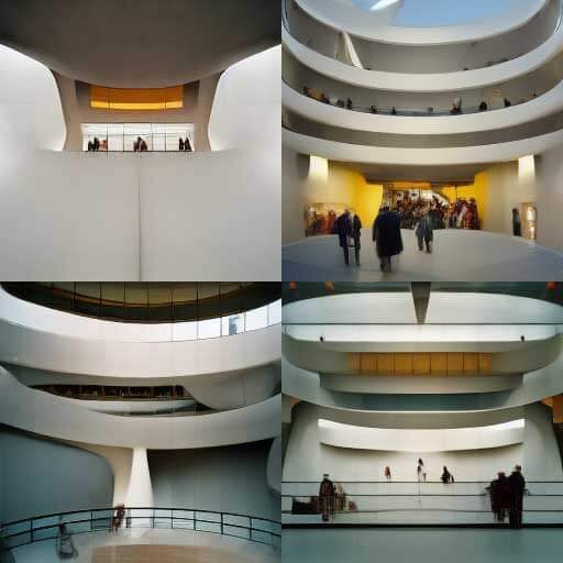4 sedate symmetrical views of a white gallery space with a few people. Each is topped with one, two, or three sweeping arcs of other levels as seen from an atrium, with the viewer standing back from the atrium itself. A couple images have a railing. There is no art visible.