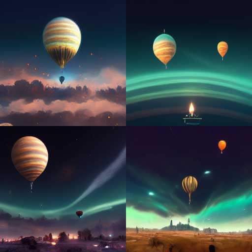 4 images showing balloons that generally have the banding texture of Jupiter, each floating among clouds. One image is just clouds, another shows the arcs of an atmosphere as if seen from a low-orbit height, the third has auroras with what may be a city in the far distance, and the last has auroras against a dusk desert sky with an edifice at the horizon. None of them has any text.