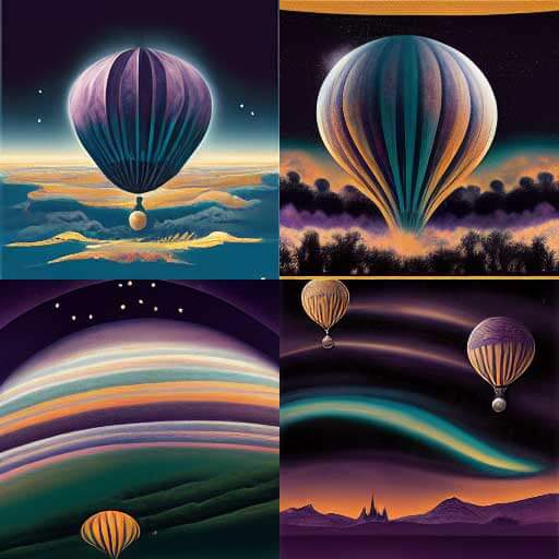 4 images, each with at least one hot air balloon reflecting the teal, purple, and amber of the sky, almost like a classic tritone print. One shows a single balloon in the center rising above clouds into a dark sky, another has the gondola in the clouds as the balloon reflects ambient light sources, another balloon is small against a banded circle reminiscent of Jupiter, and the last shows a pair of balloons above a purple alien mountain range silhouette as they ride horizontally arcing clouds or bands of auroras. None of them has any text.
