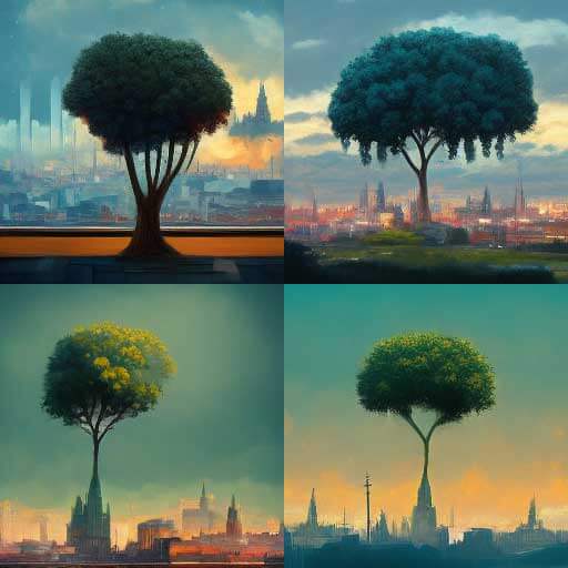 4 hazy paintings of a tree with a prominent green crown with a city of spires rising in the background. In two images, the tree is coming from a spire, appearing to be both in the foreground and background.