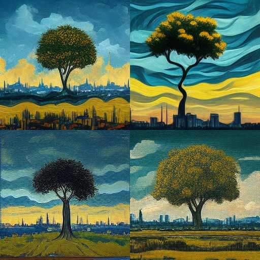 4 paintings of a green and yellow crowned tree in the foreground, skylines behind them. One tree rests between two distant skylines, playing with perspective, seemingly done in water color. Another shows the tree rising from a spire as if the spire becomes smoke before reforming. Another shows the tree alone on a yellowing mound, horizontal brush strokes calling out the lumpy clouds.