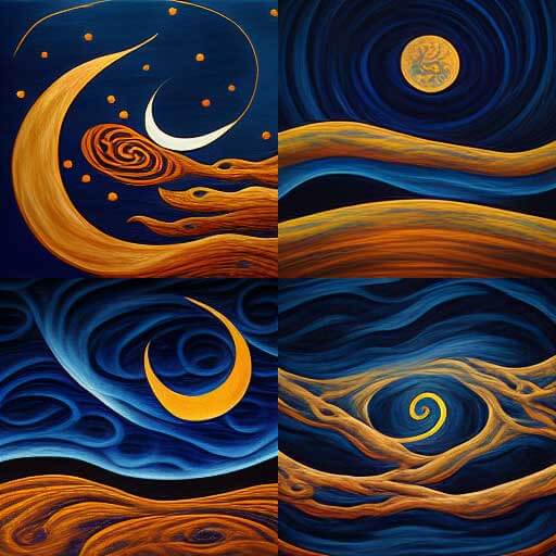 4 images of large painted whorls of blue and raw siena against a midnight blue sky. In two of the images the raw siena whorls resolve into a yellow crescent moon, in another the full moon sits apart and above the orange.