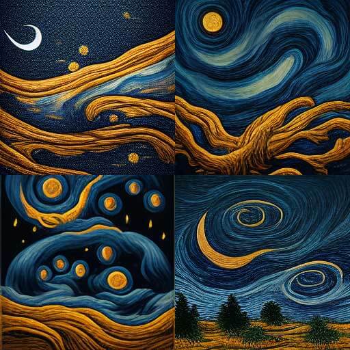 4 images of textured brush strokes resolving into blues and oranges against a dark blue sky. Two of them represent the moon and stars as yellow disks, another shows a white crescent moon. The last one shows a field with a handful of spiky pine trees.